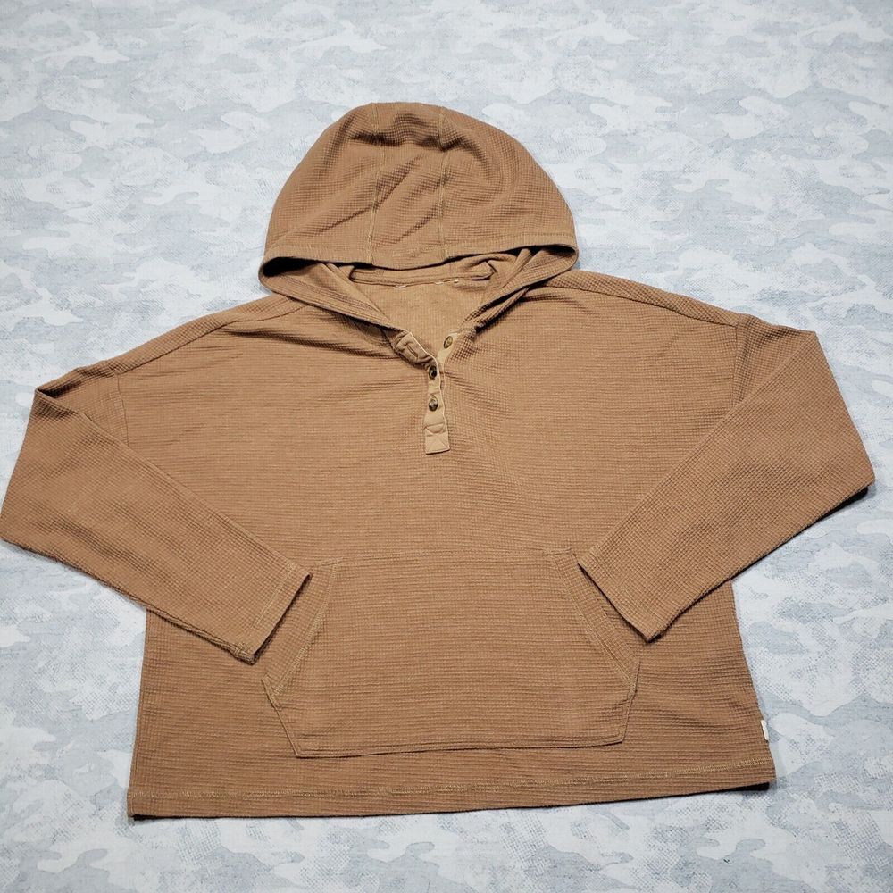 Toad & Co Top Womens Large Brown Cropped Hooded Front Pocket Quarter Button